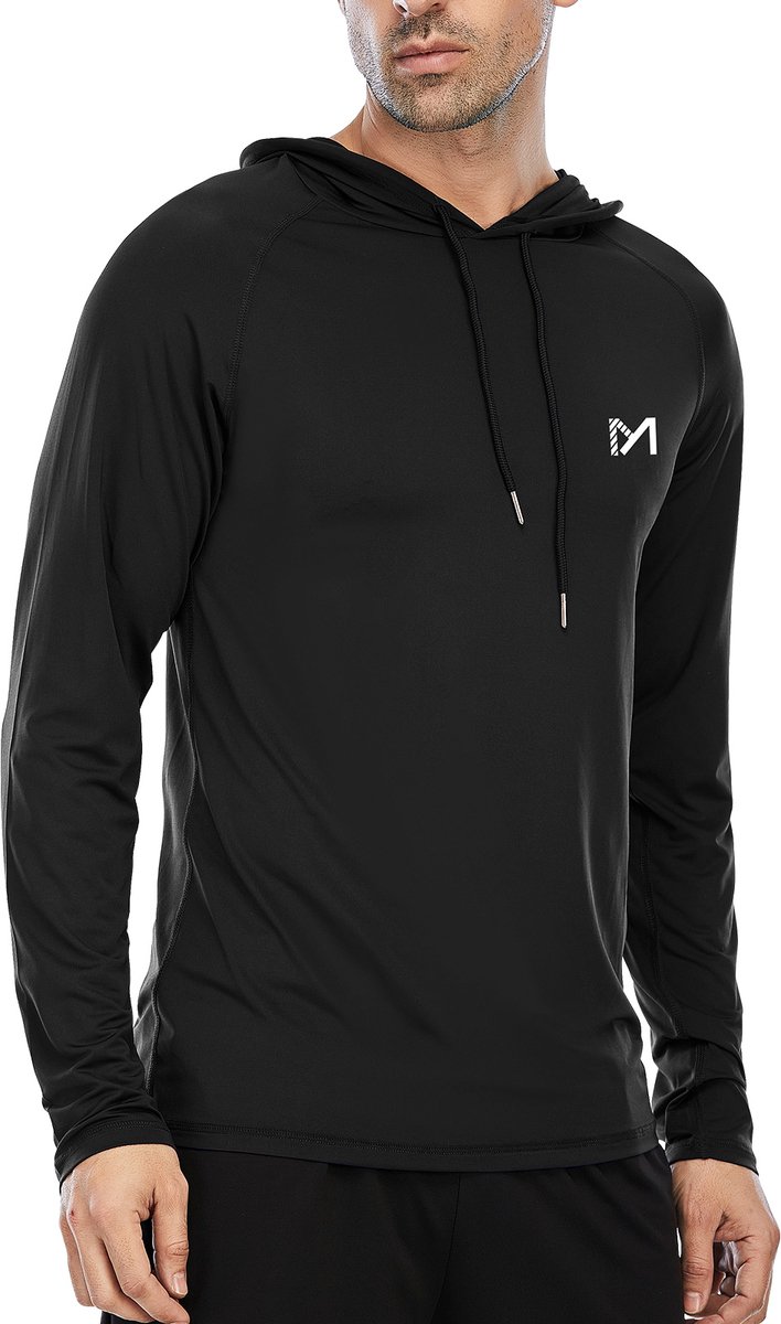 MEETYOO Heren Atletische Hooded Shirts Lange Mouw Workout Sport Hoodie Casual Hardloop T-shirt Snel Droog Pullover Top Sweatshirt-Zwart-M