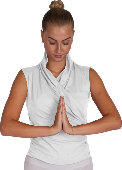Namastae® Yoga shirt dames | Sport top dames | Cross over top | Mouwloos | Wit | Met ruffles | Maat 34 | Maat XS