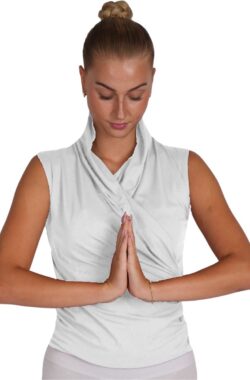 Namastae® Yoga shirt dames | Sport top dames | Cross over top | Mouwloos | Wit | Met ruffles | Maat 38 | Maat M