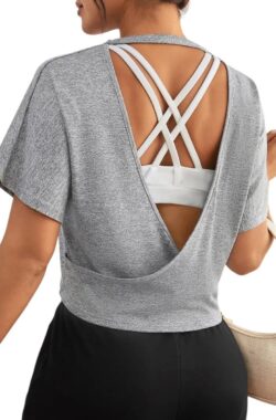 Sporttop met Open Rug – Losse Pasvorm – Korte Mouwen – Comfortabel – Stijlvol – Luchtig – Yoga & Training – Fitness Top – Grijs – Maat XS