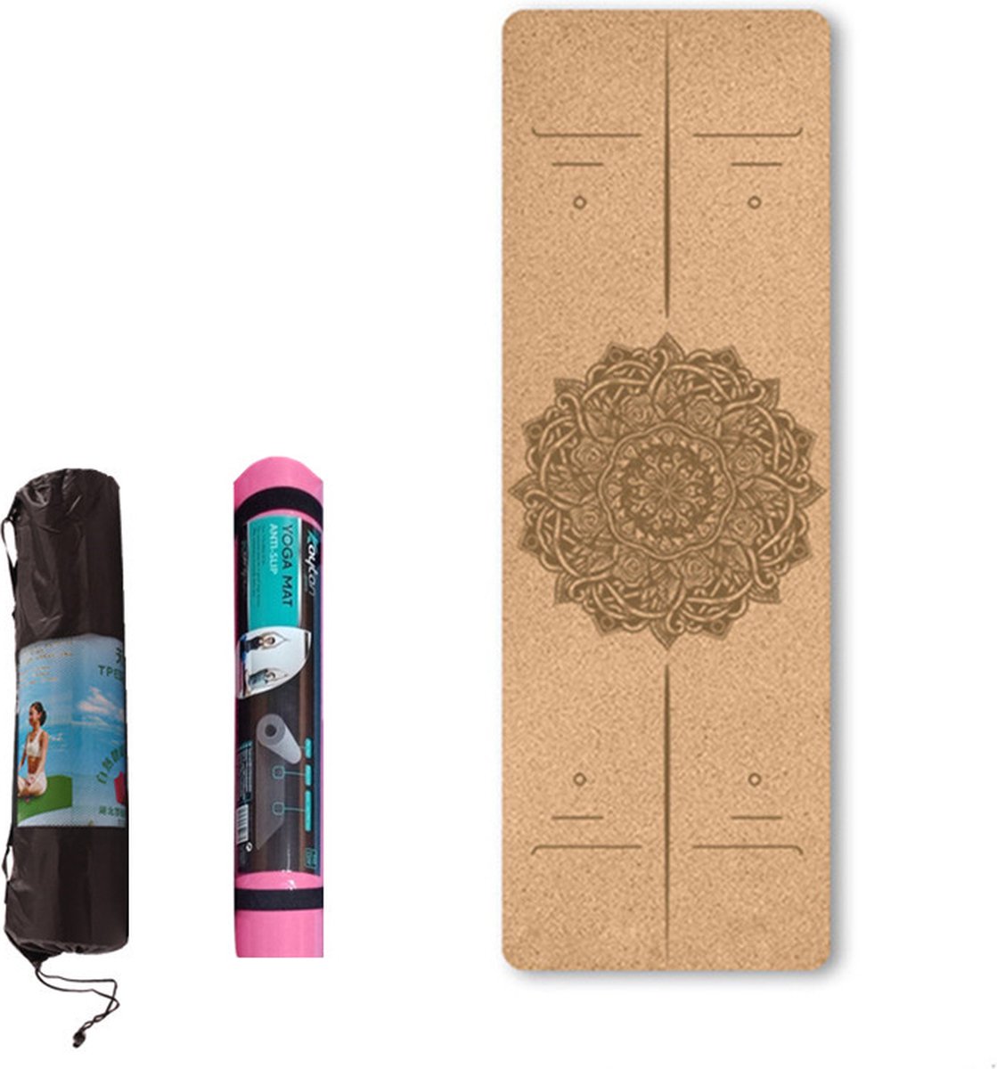 TDR - Yoga mat - Natuurlijk kurk en TPE - vrij van schadelijke stoffen, hypoallergeen en 100% (biologisch) afbreekbaar - zeer geschikt voor Yin Yoga en Kundalini Yoga met draagtas met draagtas en draagband- 183x66x0,5 cm - houdingslijn motief