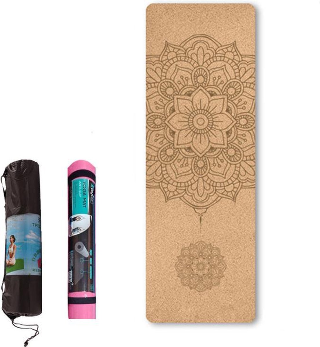 TDR - Yoga mat met tas- Natuurlijk kurk en TPE - vrij van schadelijke stoffen, hypoallergeen en 100% (biologisch) afbreekbaar - zeer geschikt voor Yin Yoga en Kundalini Yoga met draagtas en draagband- 183x66x0,5 cm - Mandala bloem