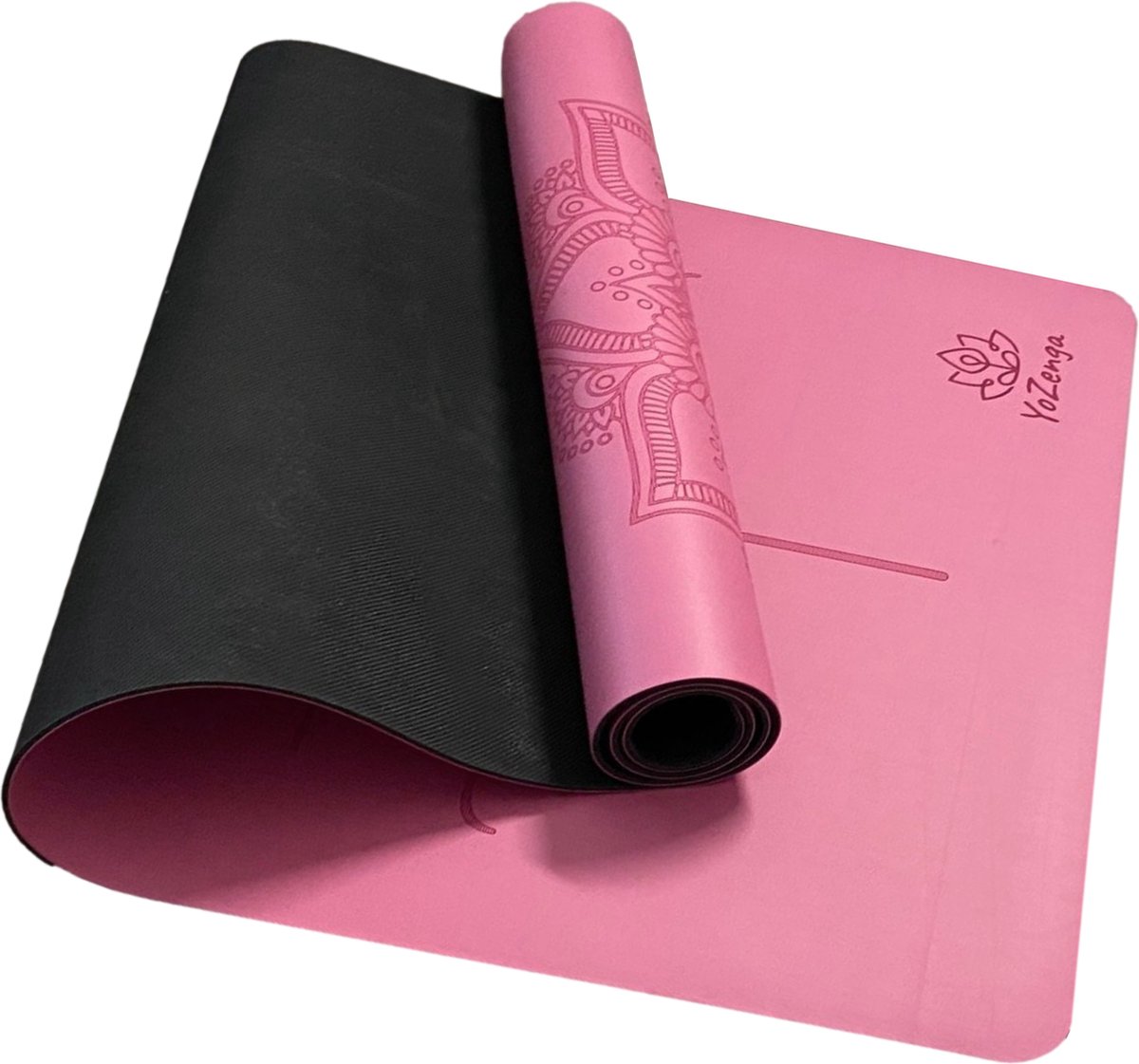 YoZenga Premium Rubber Yoga Mat - Mandala Flower Sweet Pink - sportmat - Fitnessmat - Pro Grip - Extra Breed - Hygiënisch - Inclusief draagriem