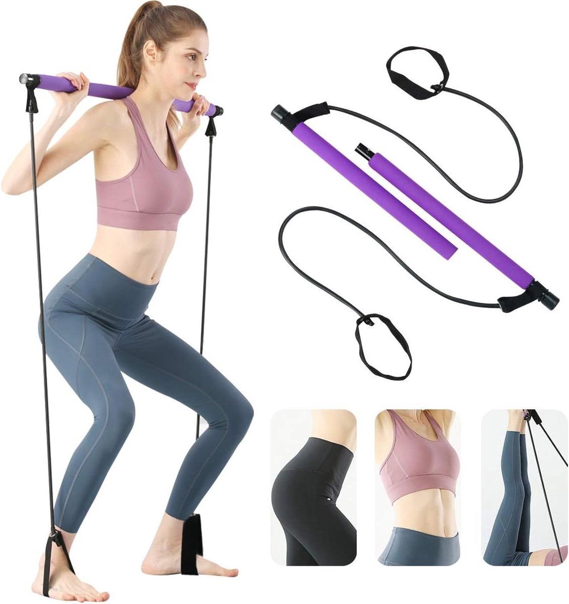 Yoga Pilates Stick met voetlus en weerstandsband - Draagbare Pilates Bar Kit voor totale lichaamstraining - Thuis en sportschool oefenbar met gewichtheffen