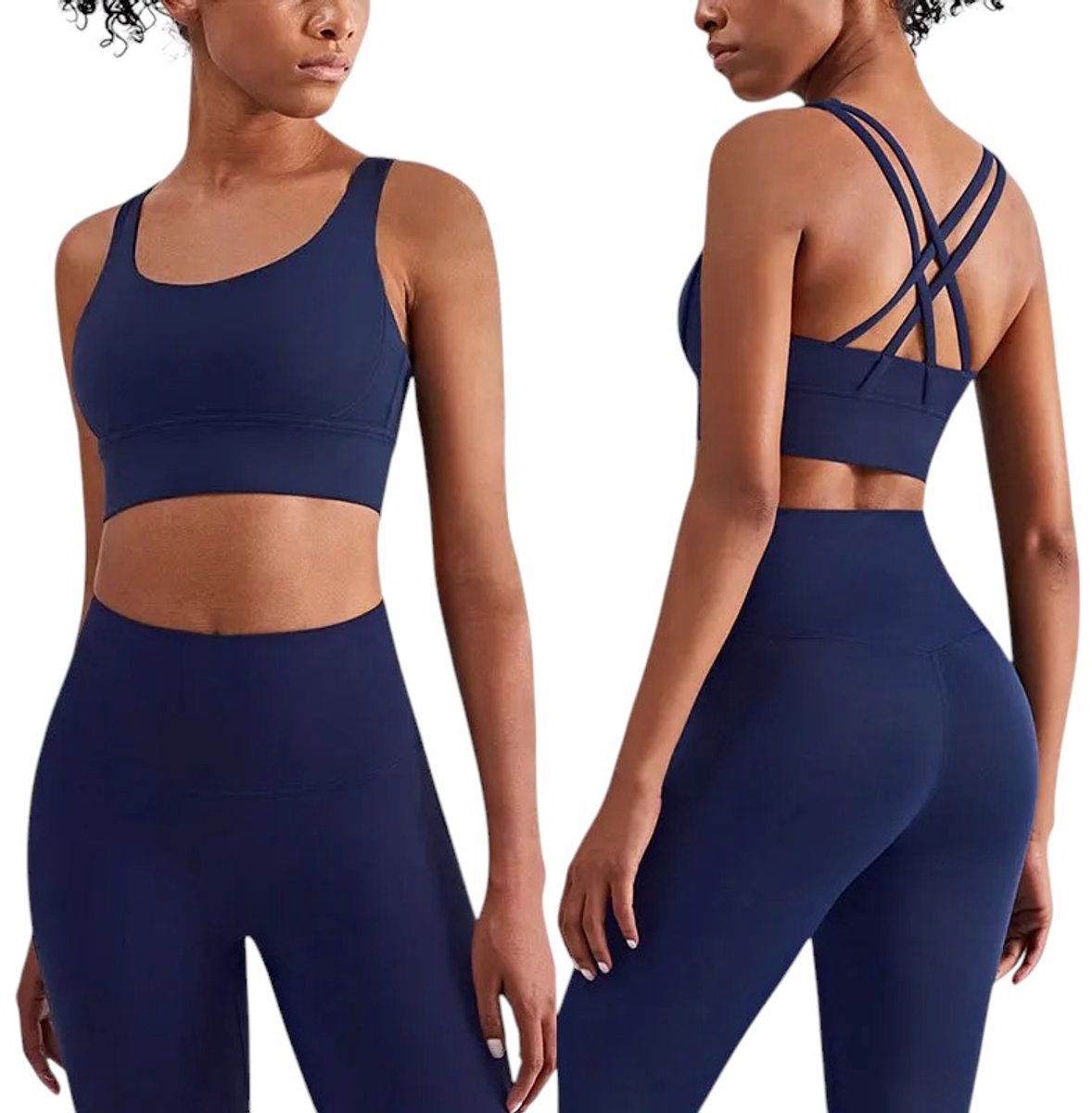 2-Delige Yoga & Fitness Set - Sportlegging - Sport BH - Stevig - Schokbestendige Sport-BH - Hoge Taille Legging - Cross Back Design - Meerdere Kleuren - Donkerblauw - Marineblauw - Maat XL