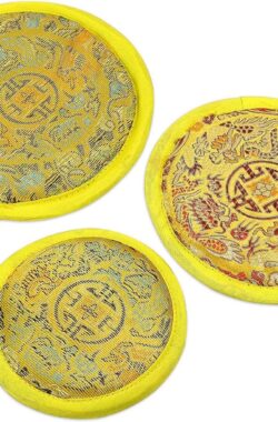 3 stuks klankschaal pads – Tibetaanse klankschaal onderlegger – 10/12/14 cm – katoenen kussens – traditionele patronen – glazen onderzetters – geel