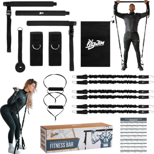 Bigjim Fitness Bar - Tot 120KG Verstelbaar - Inclusief training programma's - Duurzaam - Compact - Pilates Bar Set - Pilates Stick - Fitness Elastiek - Resistance Band Set - 95CM lang