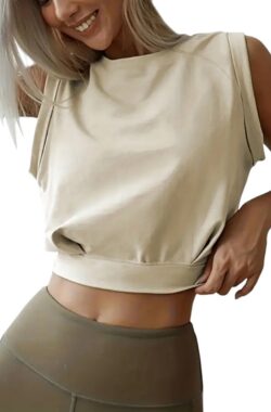 Dames Crop Tanktop – Modieuze Sport & Casual Top – Stijlvol – Loszittend – Crop Top – Sporttop – Abrikoos – Beige – Maat S