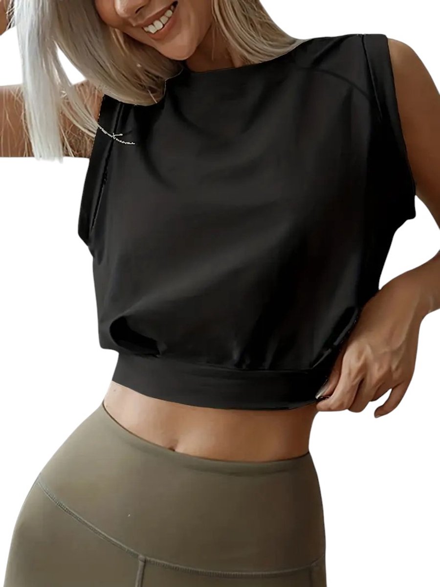 Dames Crop Tanktop - Modieuze Sport & Casual Top - Stijlvol - Loszittend - Crop Top - Sporttop - Zwart - Maat S