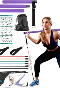 Draagbare Pilates Bar Met 3 Paar Weerstandsbanden – Complete Home Workout Kit Voor Kracht, Toning En Flexibiliteit – Inclusief Trainingsvideo