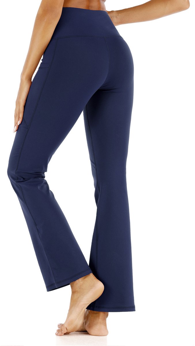 Flared Broek - Petite - met Hoge Taille - Sportbroek - Pocket Legging - Modieuze Uitlopende Broek - Flared Pants - Yoga - Fitness - Workout - Uitlopende Broek met Zakken - Comfortabel & Trendy - Activewear - voor Dames - Donkerblauw - Maat M