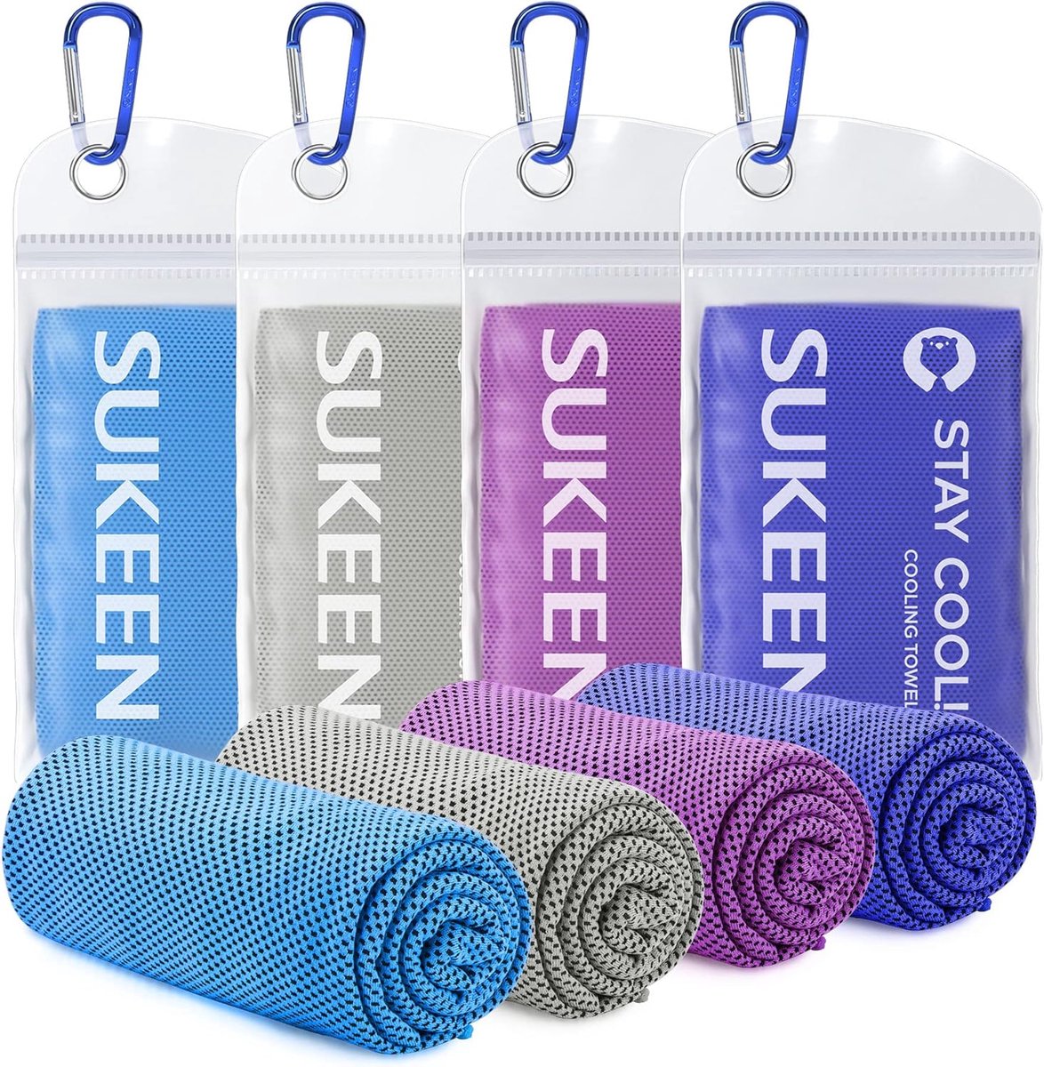 Koelhanddoek, verkoelende handdoek, koelhanddoek voor onmiddellijke koeling met 4 waterdichte zakken, microvezel, sporthanddoek voor fitness, kamperen, wandelen, yoga, golf, reizen (4 stuks, blauw