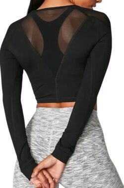 Long Sleeve Sporttop met Mesh Contrast – Effen Kleur – Mesh Constrast – Casual Yoga T-shirt met Lange Mouwen – Long Sleeve – Crop Top – Stijlvol – Zwart – Maat M