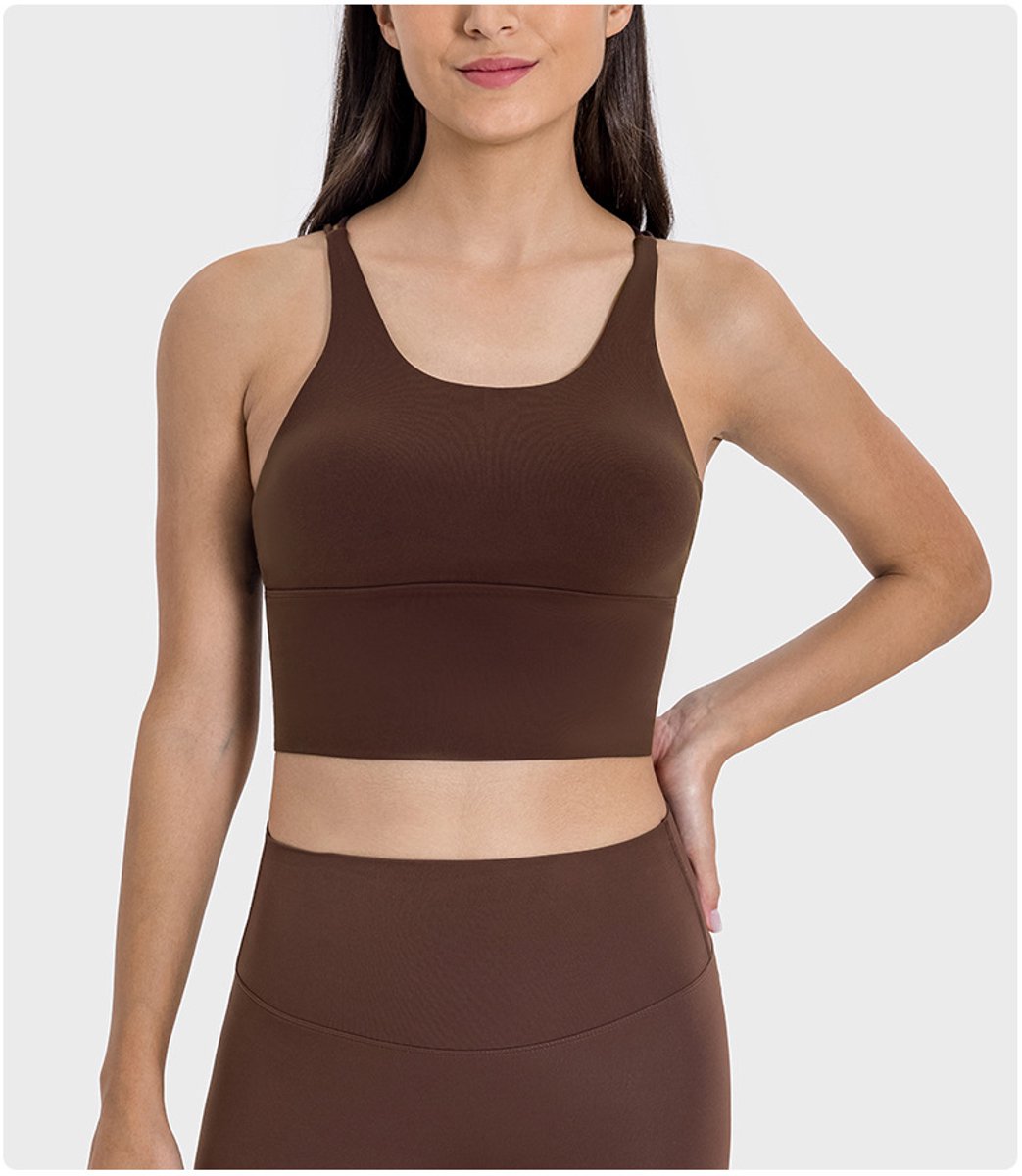 PureSquare - crop top - sportbh - sportbeha - sporttop dames - sport top dames - sportkleding dames fitnesskleding - yogakleding - Donker Bruin - maat L - vaste bh cups - fitness - sport - yoga