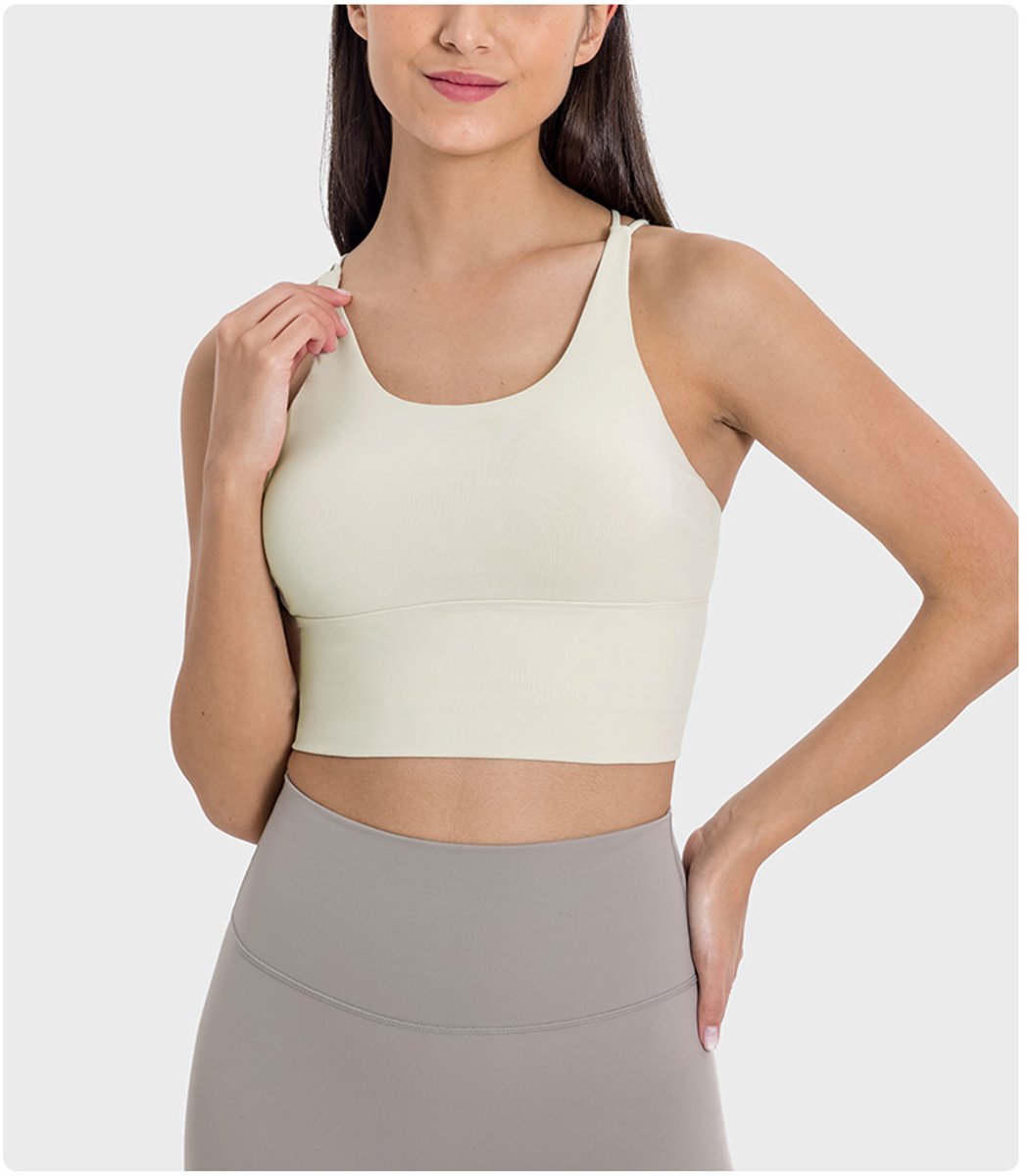 PureSquare - crop top - sportbh - sportbeha - sporttop dames - sport top dames - sportkleding dames fitnesskleding - yogakleding - Gebroken Wit - Ecru - maat S - vaste bh cups - fitness - sport - yoga