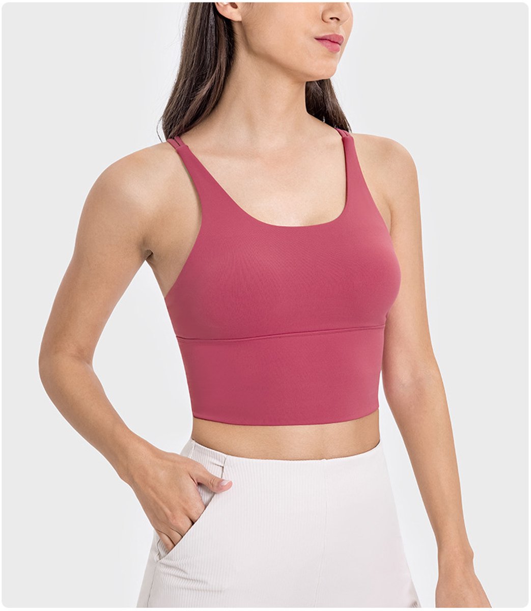 PureSquare - crop top - sportbh - sportbeha - sporttop dames - sport top dames - sportkleding dames fitnesskleding - yogakleding - Zacht rood - maat L - vaste bh cups - fitness - sport - yoga