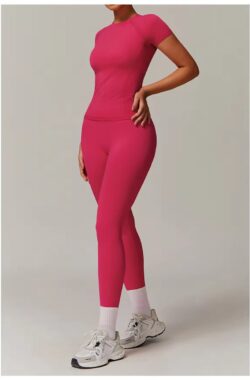 SIMPLE GYM SET – Maat S – 2delig – Hotpink – Roze – Felroze – Sportkleding – Sportset – Sportshirt – Sportlegging – Fitness kleding – Fitness legging – Yogaset – Yogalegging – Yogatop – Sportkledingset – Gymlegging