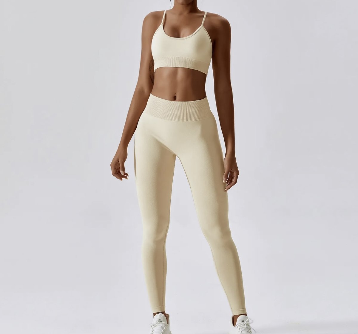 SUMMER GYM SET - 2delig - Maat XL - Creme - Fitness set - Fitness legging & top - Sportkledingset - Sportset - Sportlegging & top - Gymlegging - Yogaset - Yogalegging