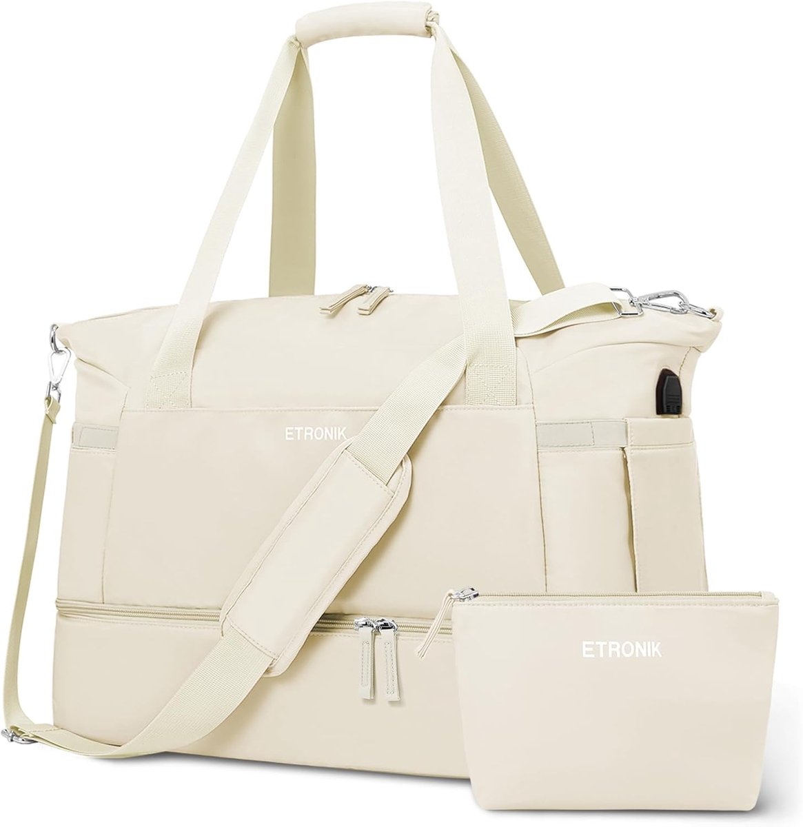 Sporttas voor dames met USB-oplaadpoort en schoenenvak - Ideaal voor reizen, gym en yoga - Beige, M