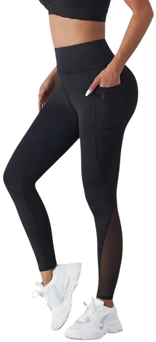 Stijlvolle Dames Sportlegging met Zakken - Mesh Detail - Pocket Legging - Hoog Elastisch - Stijlvol - Comfortabel - Handig - Legging met Zakken - Mesh Paneel - Ademend - Yoga, Fitness & Hardlopen - Zwart - Maat M