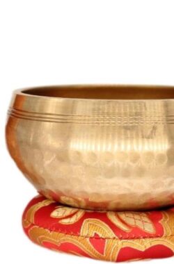 Originele Tibetaanse klankschaal met sokkel en houten klomp – handgemaakt voor genezing meditatie – 10 cm brons gehamerd