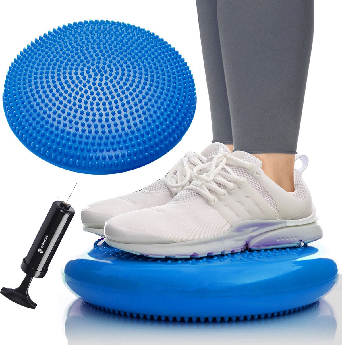 Springos Balanskussen | Wiebelkussen | Balanstrainer | Met Noppen | Inclusief Pomp | Blauw | 34 cm